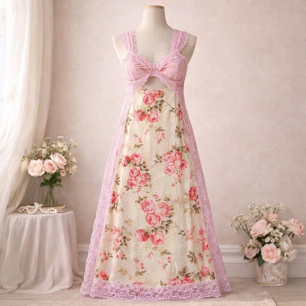 Coquette Pink Lace Floral Nightgown XL Cottagecore Maxi Lingerie Romantic Gown